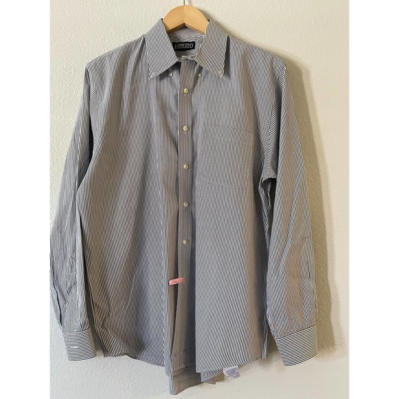 LAND' END Size 15 1/2 Mens Shirt Gray White Button Down Stripe Long Sleeve - Picture 1 of 9